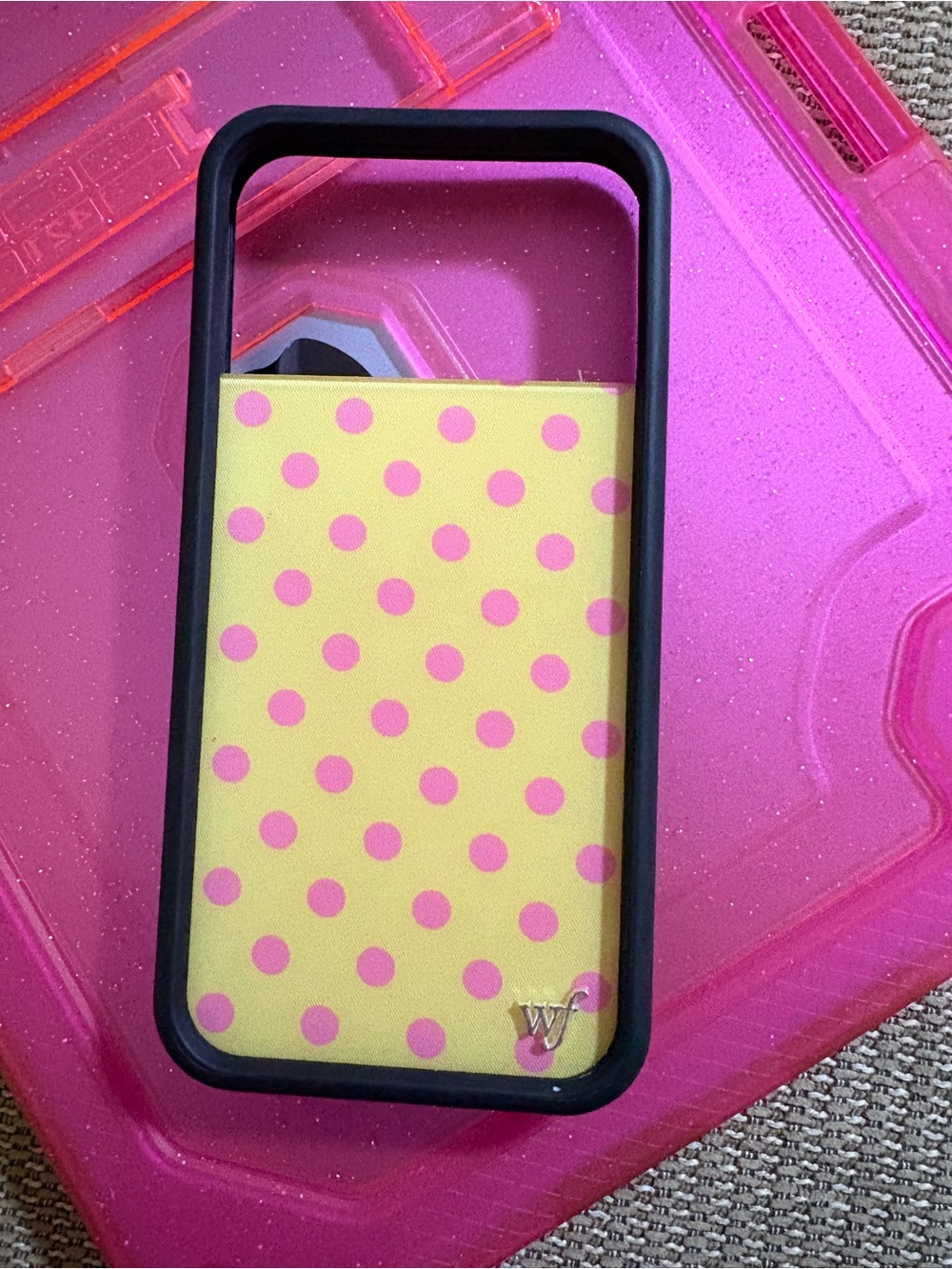 Wallet Phone Card Case - Yellow with Pink Polka Dots